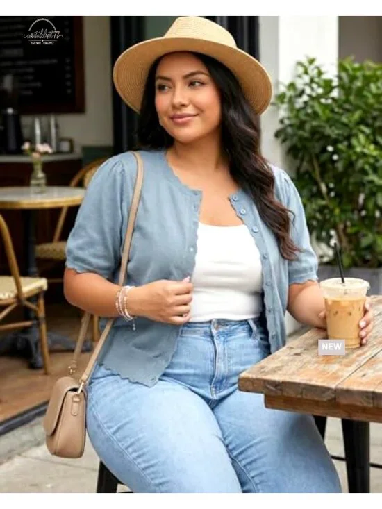 Short Sleeve Cardigan Puff Sleeves Scalloped Crewneck Button Up Lightweight - Picture 3 of 7